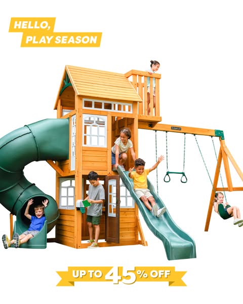 This ad features a group of children playing on a wooden playset. The ad promotes a sale offering up to 45% off.
