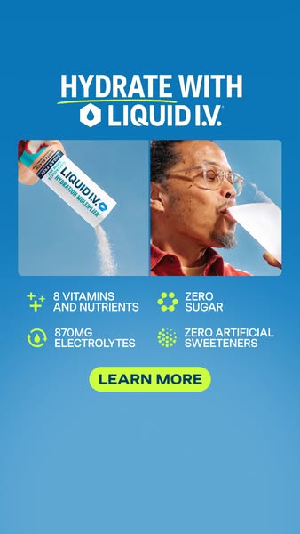 An ad for Liquid I.V. showing a packet of the hydration multiplier being poured into a glass while a man drinks from the