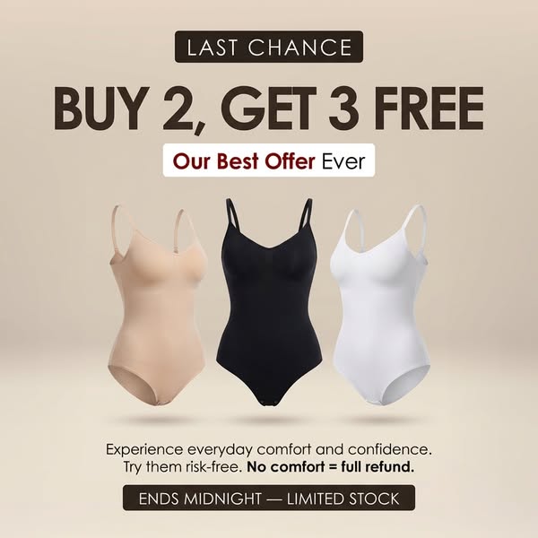 This image ad promotes a shape-enhancing bodysuit that can be worn under clothing. The ad calls out a limited-time offer