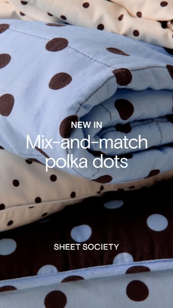 This image ad showcases Sheet Society's new mix-and-match polka dot sheets, displaying a close-up view of the folded