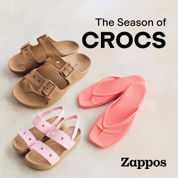 This ad showcases a variety of Crocs sandals available at Zappos, highlighting the brand's seasonal appeal and diver