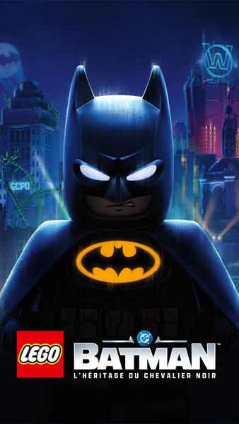 This is an advertisement for The Lego Batman Movie. The character Lego Batman is set in front of a night scene of Gotham