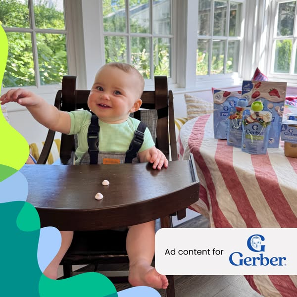 This image ad is focused on Gerber yogurt melts. It features a baby in a high chair at a table with Gerber products sitt