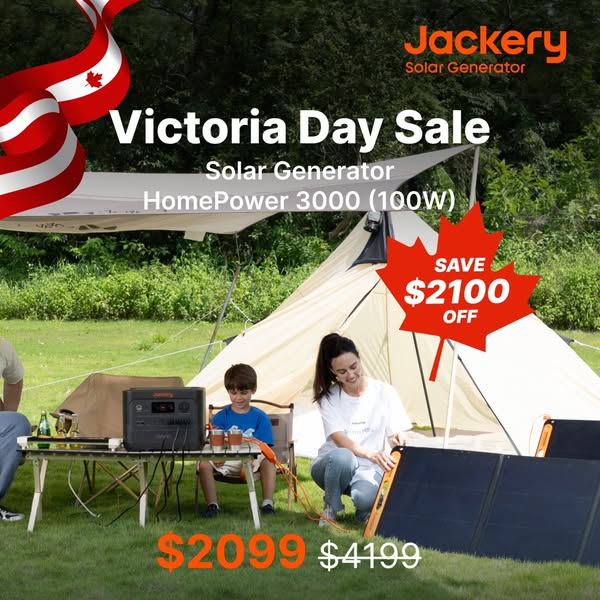This image ad for Jackery promotes a Victoria Day sale on the HomePower 3000 (100W) solar generator, highlighting a sign