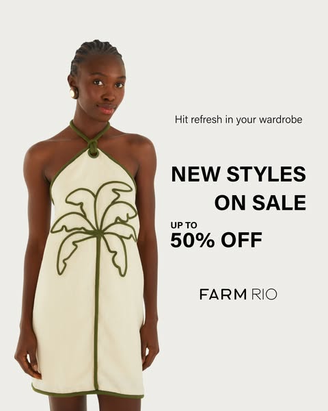 This image ad for Farm Rio features a model wearing a cream-colored dress with a green palm tree design on the front. Th