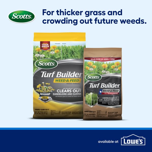 This ad for Scott's Turf Builder highlights the product's ability to thicken grass and eliminate weeds, catering