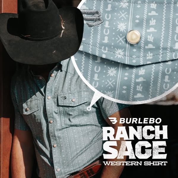 This image ad is for Burlebo's Ranch Sage Western Shirt. The ad features a man wearing the shirt with a cowboy hat, 