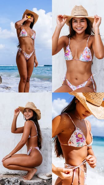 This ad showcases the brand's floral bikini and the model posing in an outdoor setting.