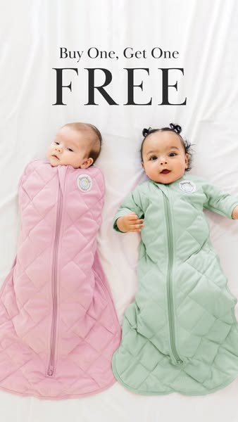 This image ad features a buy-one-get-one-free offer for baby sleep sacks. Two infants are shown lying on their backs, ea