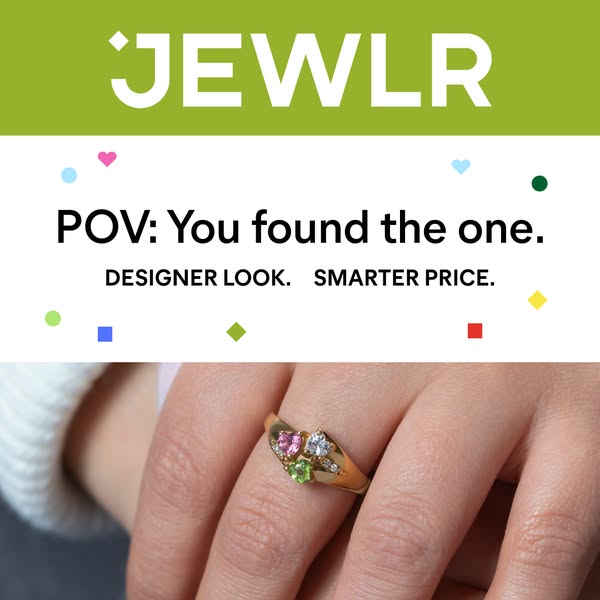 This ad for JEWLR features a close-up shot of a hand wearing a gold ring with three different colored gems. The ad aims 