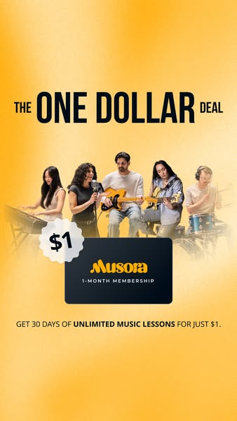 This image ad promotes Musora, offering a one-dollar deal for the first month of unlimited music lessons. The ad feature
