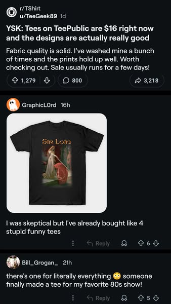 This social media ad shows a Reddit post from a user stating that tees on TeePublic are on sale for $16 right now, and t