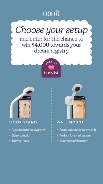 The ad showcases the Nanit baby monitor and promotes the choice of setup between a floor stand and a wall mount, highlig