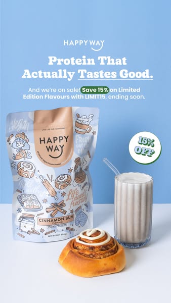 This ad promotes Happy Way's Cinnamon Bun vegan protein powder and announces a limited-time 15% discount on limited-