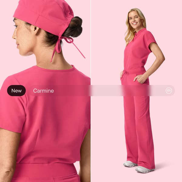 This ad features the brand's carmine-colored scrubs and head cap.