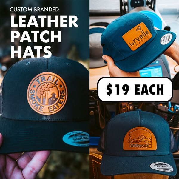 This ad promotes custom branded leather patch hats. The ad features images of the hats with different patches, each desi