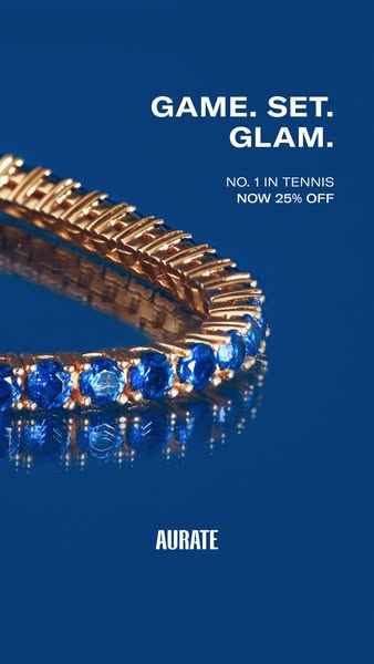 This ad showcases a gold and blue sapphire tennis bracelet from Aurate, highlighting its glamorous appeal and offering a