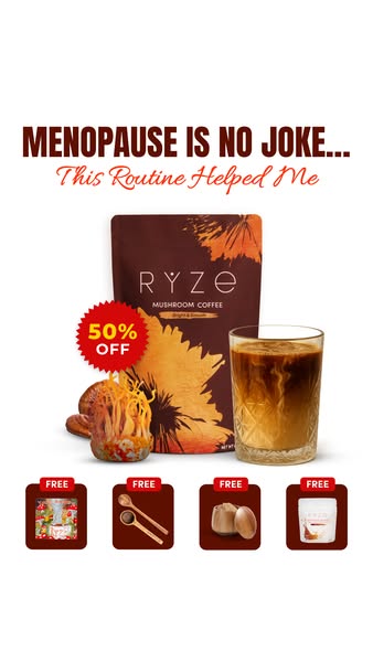 This ad for Ryze mushroom coffee is aimed at women going through menopause. It promotes the product as a way to ease the