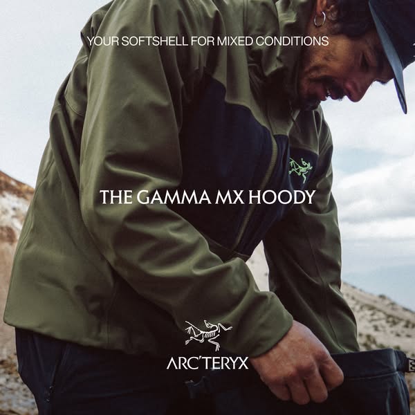 This ad showcases the Gamma MX Hoody, highlighting its suitability for mixed weather conditions and its functionality as