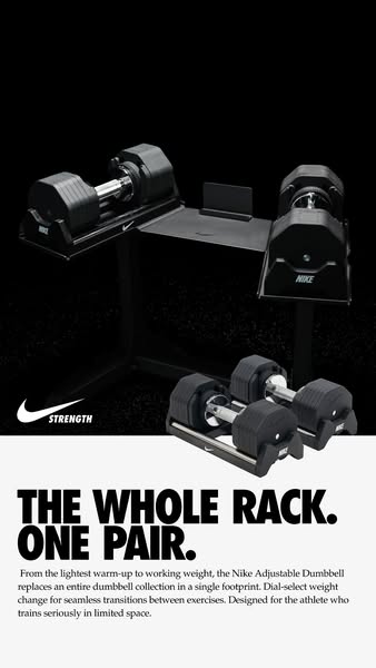 This ad showcases a pair of Nike Adjustable Dumbbells, emphasizing their ability to replace an entire dumbbell rack in a