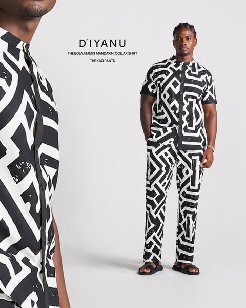 A product shot featuring a matching shirt and pants set with a black and white geometric print.