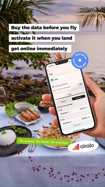 This ad for Airalo promotes their eSIM data plans for travelers, highlighting the convenience of buying and activating d