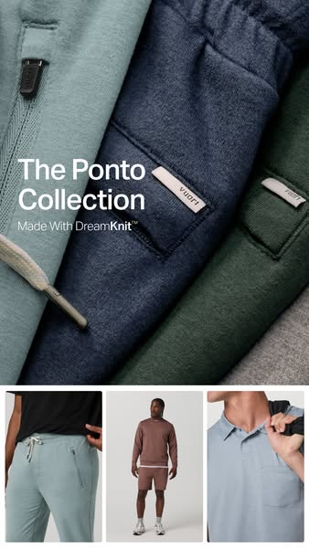 This ad showcases the Vuori Ponto Collection. The ad features a close-up of three items in the collection: shorts in blu