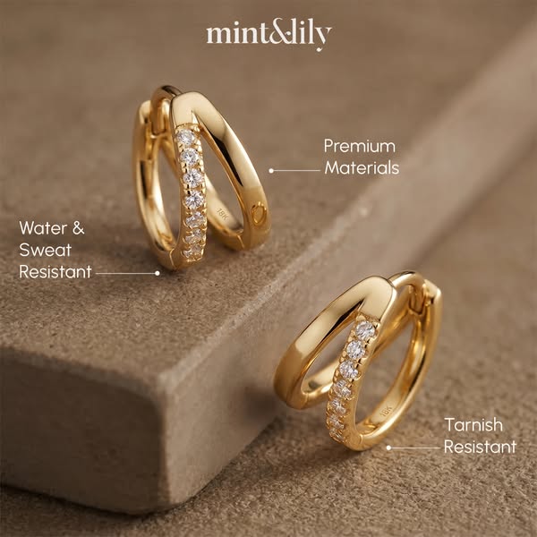 This ad showcases Mint & Lily's gold hoop earrings, highlighting their durability and premium materials.