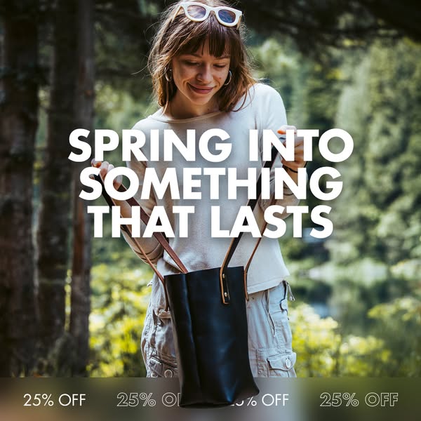 Image ad for a brand of leather handbags advertising 25% off. The ad features a woman in an outdoor setting, holding up 