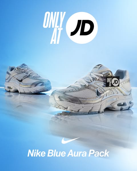 This ad promotes Nike Blue Aura Pack sneakers, available exclusively at JD Sports. The image showcases the sneakers agai