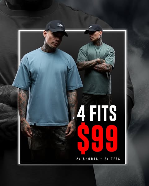 The ad features two models wearing the brand's t-shirts and shorts. The focus is on the offer of getting four items 