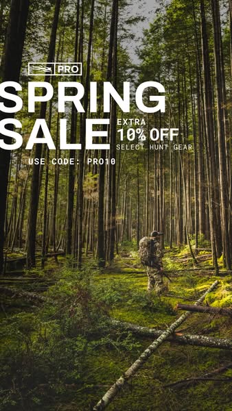This ad promotes a spring sale on select hunt gear. It shows a person in hunting gear in a forest to set the scene.
