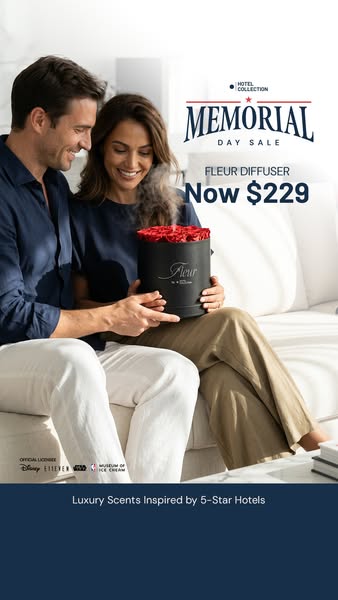 An image ad for Hotel Collection's Fleur Diffuser, highlighting a Memorial Day Sale. The ad features a couple on a s
