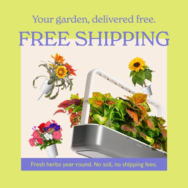 The ad promotes a gardening system that allows users to grow fresh herbs year-round without soil and with free shipping.