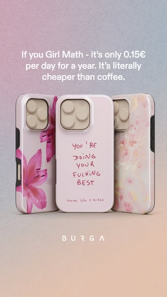 An image ad promoting Burga phone cases featuring a row of three cases with different patterns and designs. The ad uses 