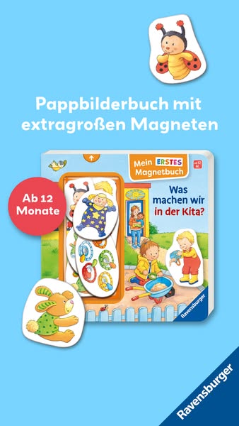 This image ad showcases a magnetic picture book for young children. It highlights the educational and interactive aspect