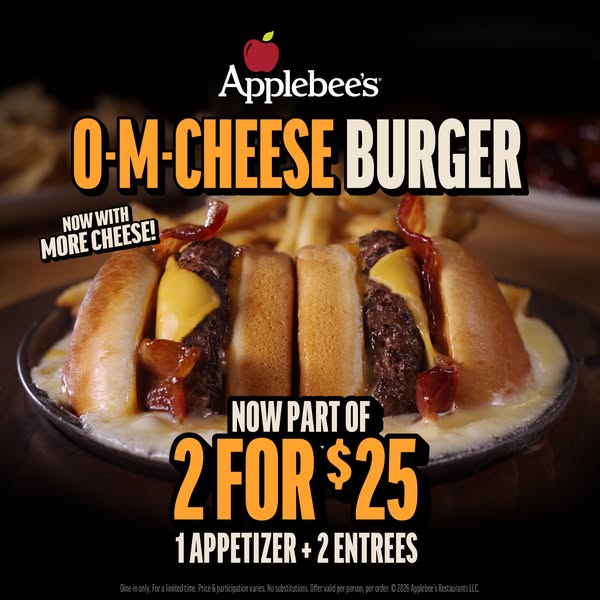 This ad showcases the 'O-M-Cheese Burger' from Applebee's. It emphasizes the burger's cheesiness and pro