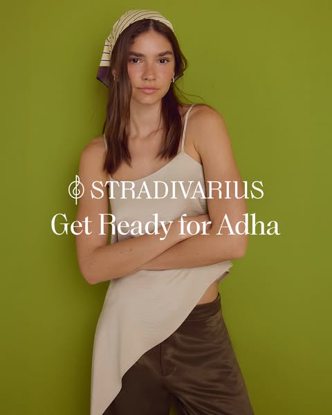 This image ad for Stradivarius features a model in a casual pose wearing the brand's clothing. The ad highlights the