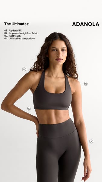 This image ad showcases the ADANOLA activewear set and calls out product features using numbered circles.