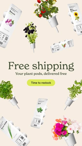 This ad showcases the Click & Grow indoor gardening system with a variety of plant pods and highlights free shipping