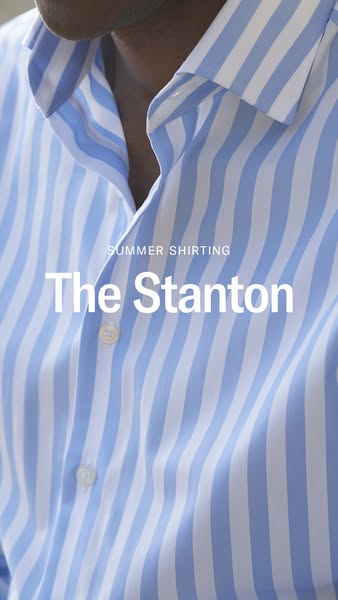 This ad showcases a light blue and white striped shirt, named "The Stanton", as part of a summer shirting coll