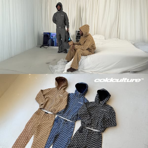 This ad features a split-screen presentation of Coldculture apparel. The top half shows two models in a minimalist setti