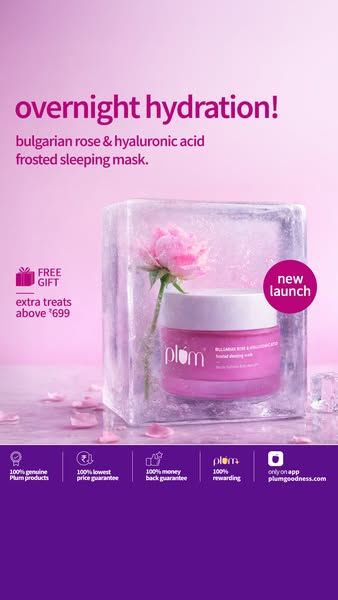 This ad is for Plum's Bulgarian Rose & Hyaluronic Acid Frosted Sleeping Mask. It features a container of the mas