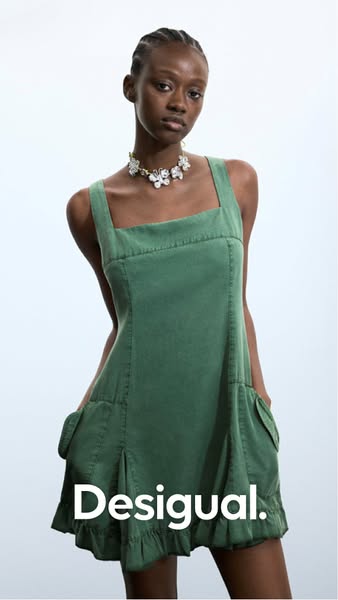 This ad for Desigual features a woman wearing a green dress, with the brand name overlaid on the image. The ad has a cle