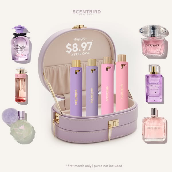 This ad features a selection of Scentbird products, including various perfume options and a case. The focus is on an off