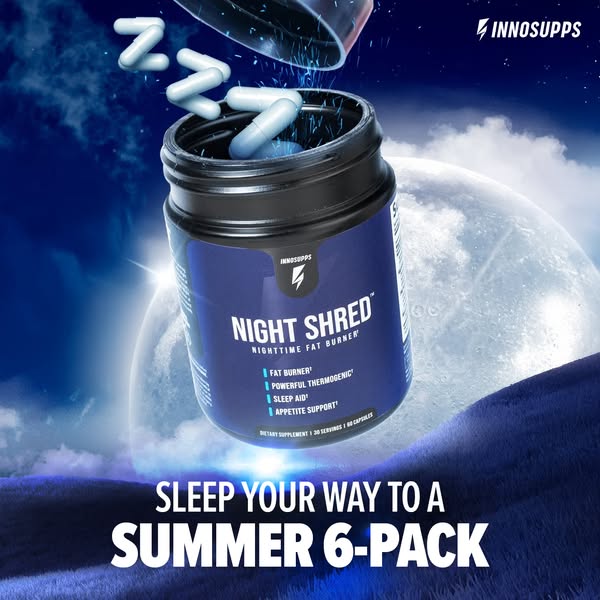 This image ad for InnoSupps' Night Shred highlights the product's key benefits, focusing on its ability to aid i