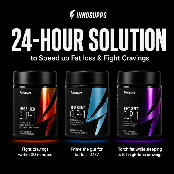 This image ad promotes Inno Supps' fat-burning GLP-1 supplements. It presents three different variations of the prod