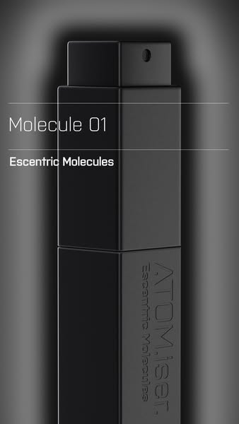 A product shot of Escentric Molecules' 'Molecule 01' in a highly stylized, high-quality image, emphasizing t