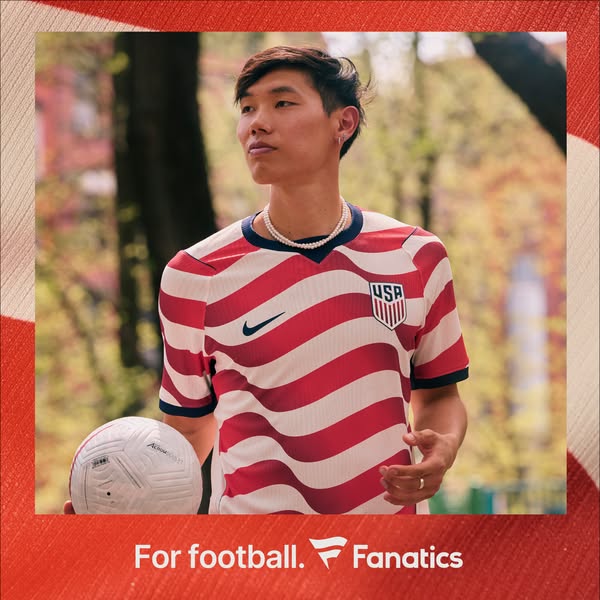 This ad features a young Asian man wearing a USA-themed soccer jersey and a pearl necklace while holding a soccer ball.