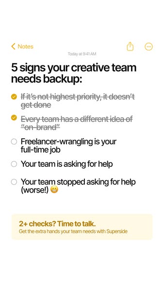 This ad uses a checklist format to highlight pain points experienced by creative teams, then offers Superside as a solut
